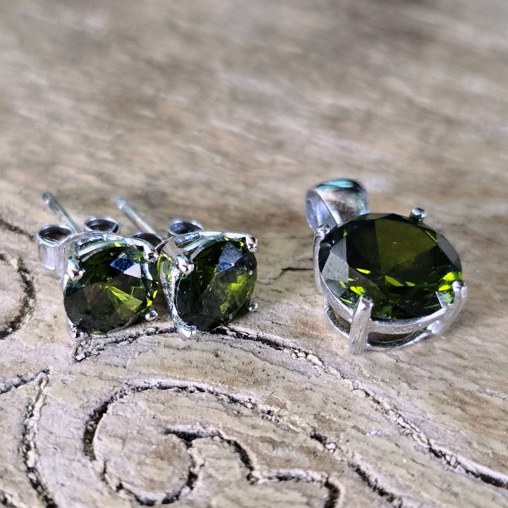 Moldavite Colored CZ Pendant and Stud Earrings Set in Sterling Silver